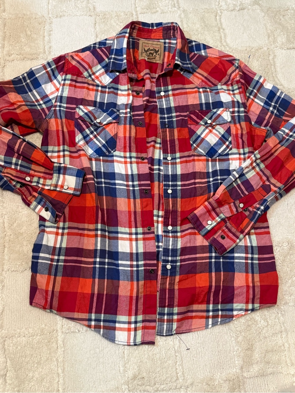 Men’s Red Camel Western Plaid Button-Up  1931 Handcrafted Cotton Red & Blue Larg